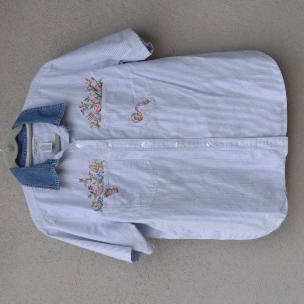 Flawed Cabin Creek Blue Striped Garden Embroidered Short Sleeve Button Shirt 18W